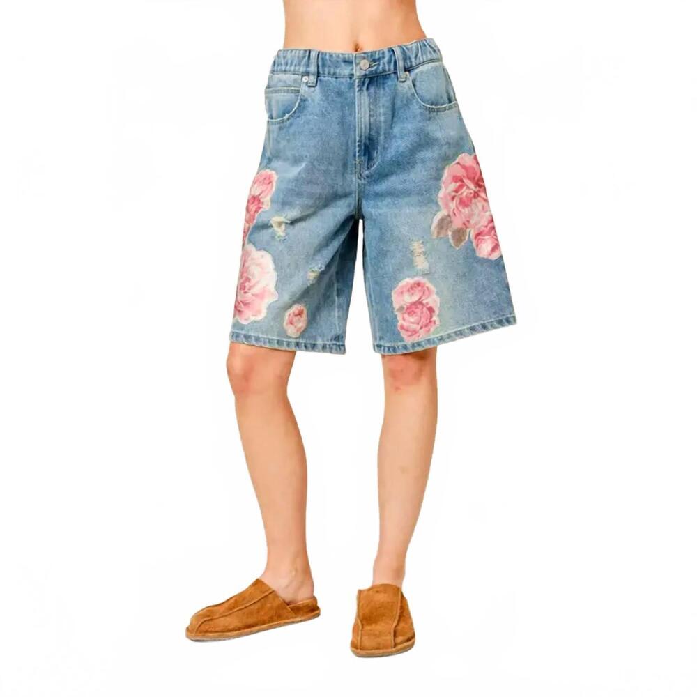 NEW AARON & AMBER delilah flower patch denim bermudas in blue